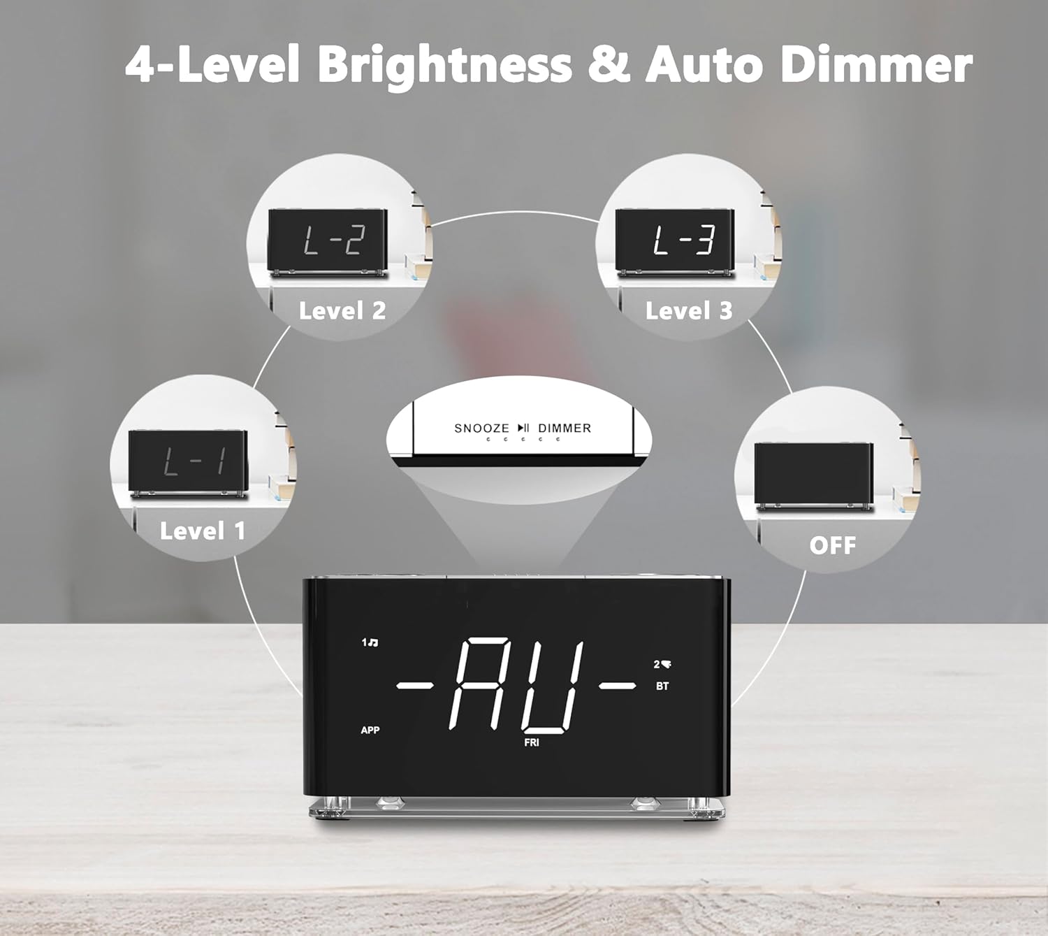 iTOMA clock radio on a nightstand with a soft glow emanating from its base, indicating the night light feature.