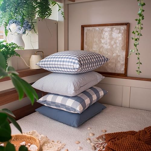 Miniatura 9 de HOPLEE Funda de cojín azul claro con cuadros de búfalo, color azul claro sólido, diseño a rayas y cuadros de guinga, 22 x 22 pulgadas, paquete de 4