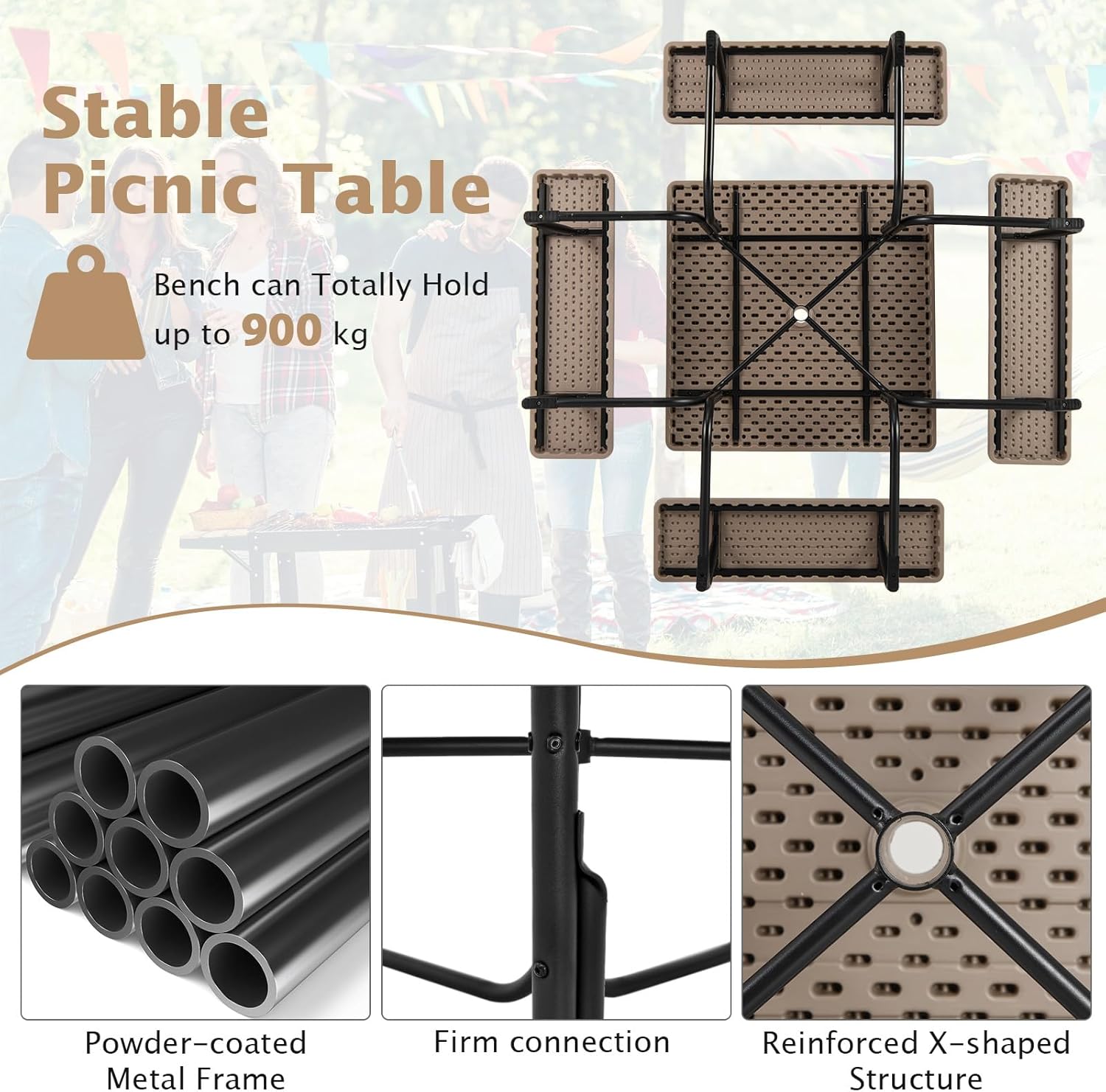 Giantex Picnic Table Bench Set for 8 Persons, Square Outdoor Table and Bench with Umbrella Hole, HDPE Top & Metal Frame, 2000LBS Capacity, Patio Table Set for Deck Yard Garden, Coral Reef