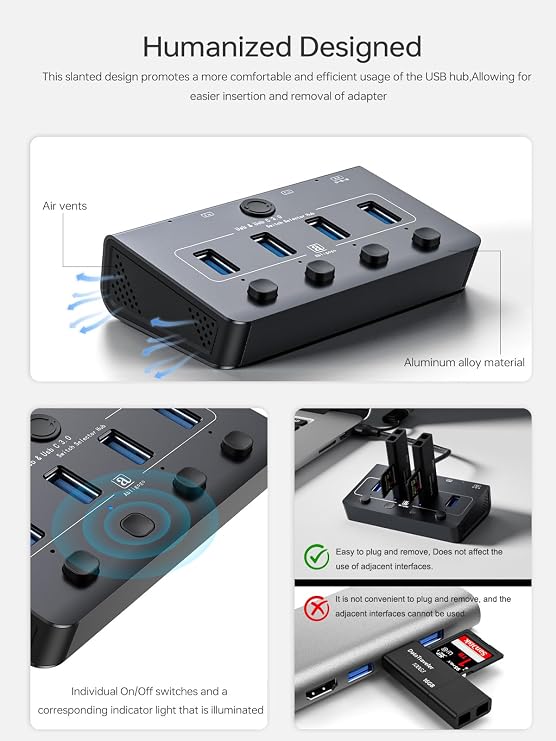 USB 3.0 Switch for USB A & C Devices - Aluminum Alloy USB Switch, Independent Port Control for Mouse, Keyboard, Printer - USB Switcher 2 Computers