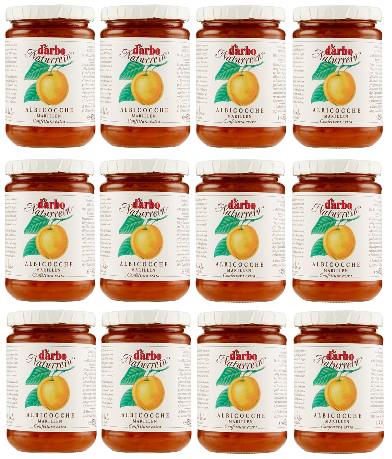 12er-Pack Darbo Marmelade Confettura Naturrein Albicocche,Aprikosenkonfitüre,450g Glas + 1er-Pack Kostenlos Yoga Eistee Pfirsich 330ml Dose