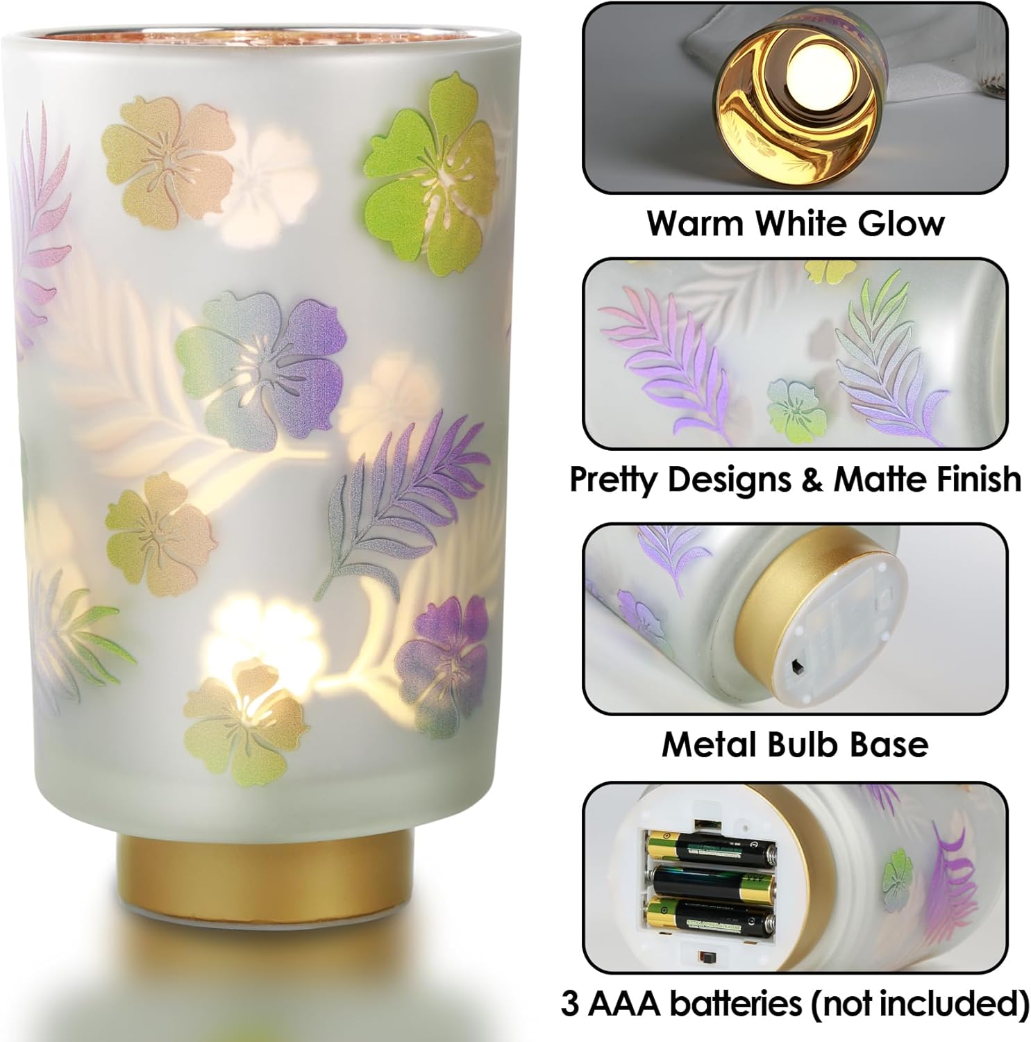 Eywamage 7" Tall Battery Operated Table Lamp, Floral Glass Lamp with Remote Timer, Cordless Accent Lamp Lights for Bedroom Living Room Kitchen
