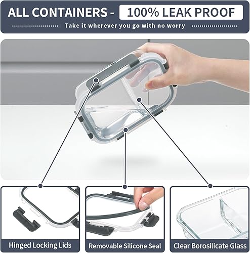 Miniatura 3 de Recipientes de 2 y 3 compartimentos para preparación de comidas, recipientes de vidrio para almacenamiento de alimentos con tapas, caja Bento,