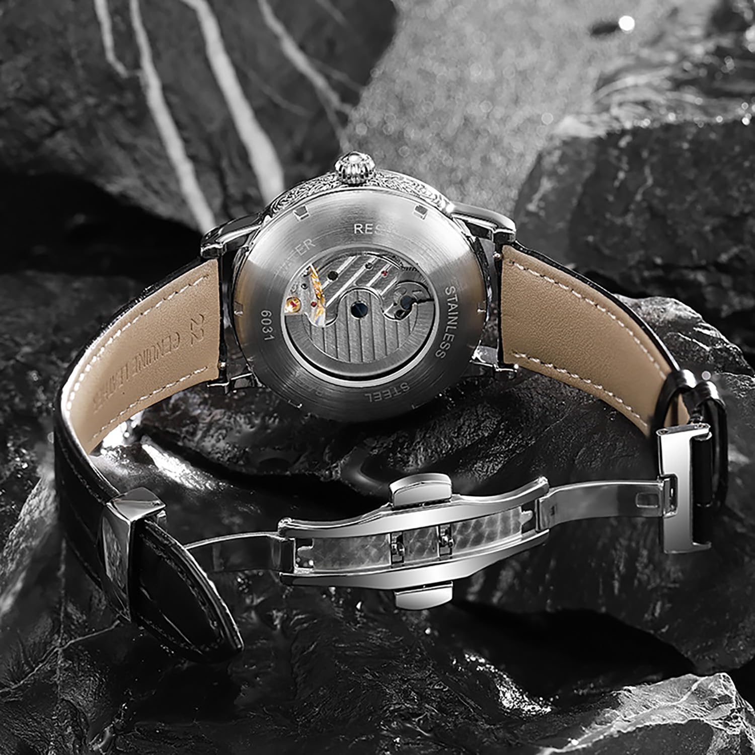 BESTKANG Orologio da polso da uomo, automatico, meccanico, scheletro, in pelle, impermeabile 3 AT