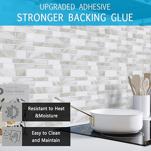 Miniatura 4 de Vamos Tile 10 azulejos autoadhesivos en lámina para loseta en muro, 12 x 12 pulgadas, diseño de color claro, para loseta en muro de cocina y baño