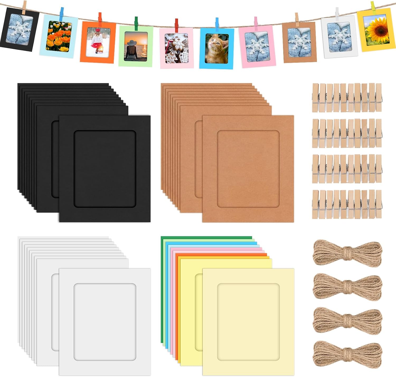 Cardboard Picture Frames Set of 40 4 Inch Paper Picture Frames Includes Colourful Cardboard Photo Frames with Wooden Clips Cords for Home Decor