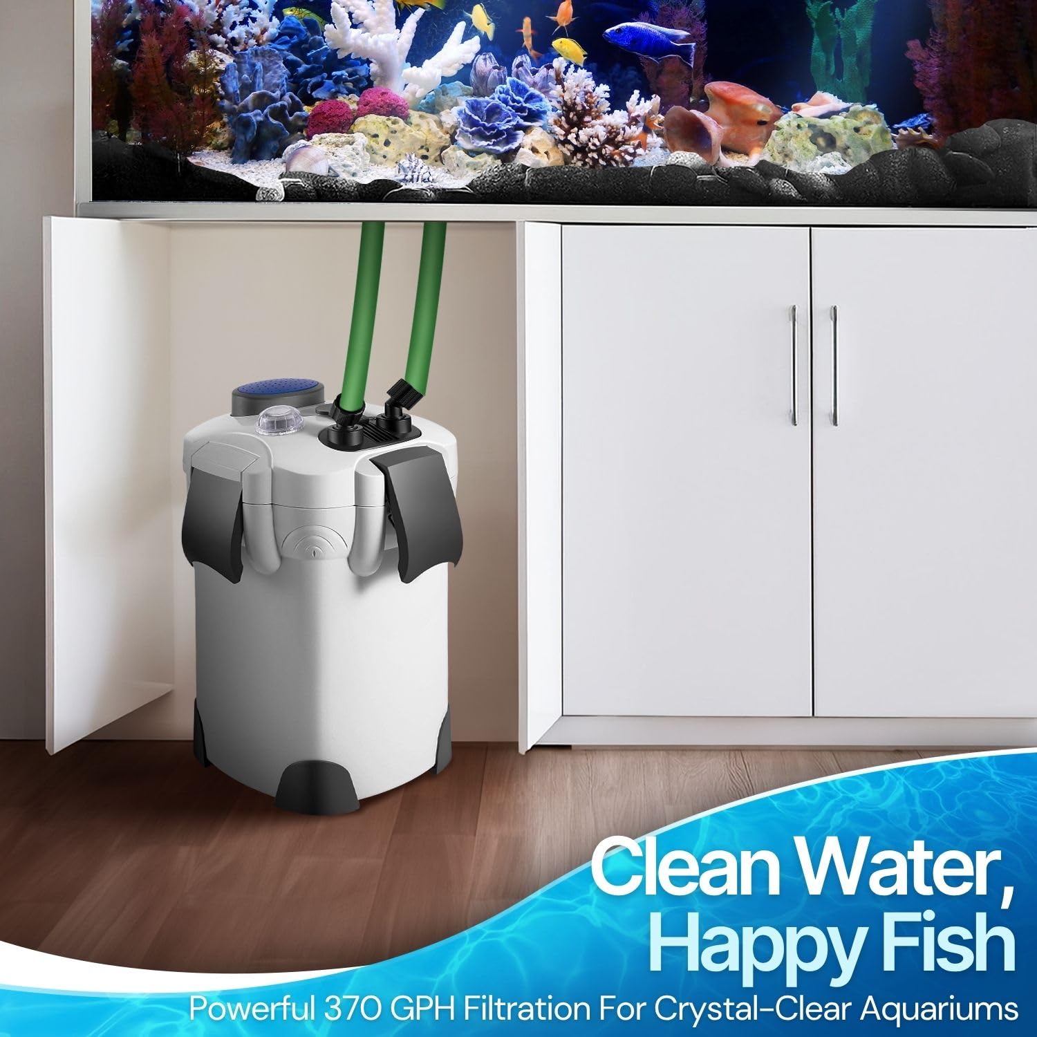 Flexzion Aquarium Canister Filter with 370GPH Flow Rate, UV-C Lamp, Spray Bar, & 3-Stage Media Filtration for up to 100 Gallon Fish Tanks - Ultra-Quiet External Canister Filters for Aquarium