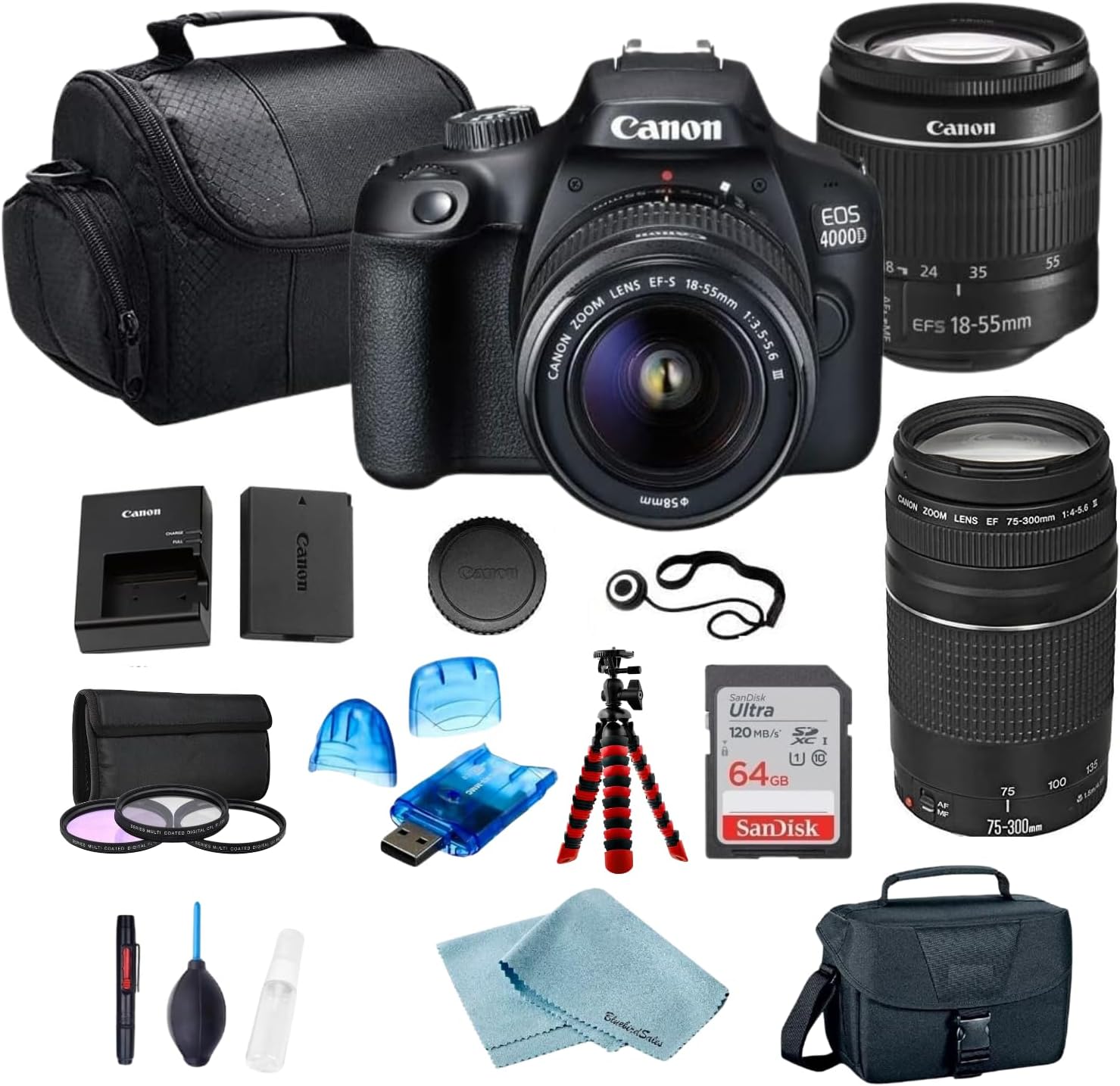Canon EOS 4000D (Rebel T100) DSLR Camera w/EF-S 18-55mm F/3.5-5.6 Lens + EF 75-300 Lens + Case + Sandisk 64GB Memory Card + 3pc Filter Kit + Tripod + Card Reader + Cleaning Kit (Intl Model) (Renewed) Canon EOS 4000D (Rebel T100) DSLR Camera w/EF-S 18-55mm F/3.5-5.6 Lens + EF 75-300 Lens + Case + Sandisk 64GB Memory Card + 3pc Filter Kit + Tripod + Card Reader + Cleaning Kit (Intl Model) (Renewed)