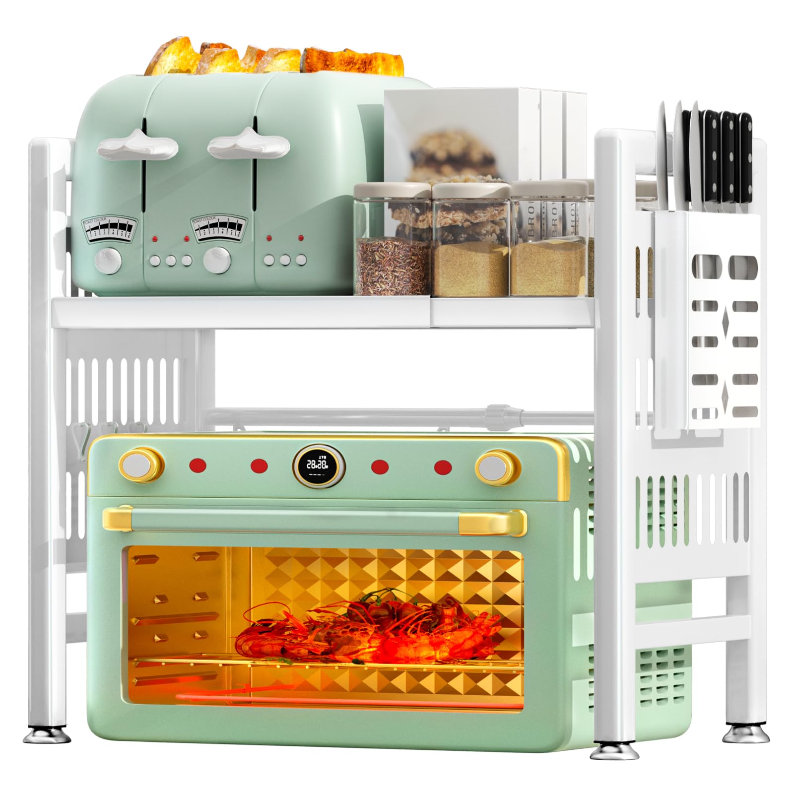 NLMWTI Soporte Extensible para Microondas de 2 Niveles, Soporte para Microondas con Soporte Cuchillos, 6 Ganchos, Soporte para Microondas y Horno Cocina, soportar 35 kg