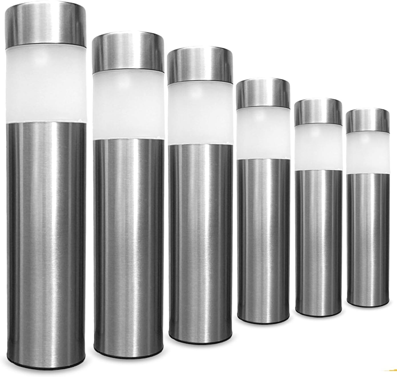 LowVoltz Solar 6 Pack Stainless Steel Solar LED Path Lights. Outdoor Solar Pathway Lights Garden, Yard Walkway. Modern Design, Solar Path Landscape Lighting, Longest Charge (Stainless Steel Round)