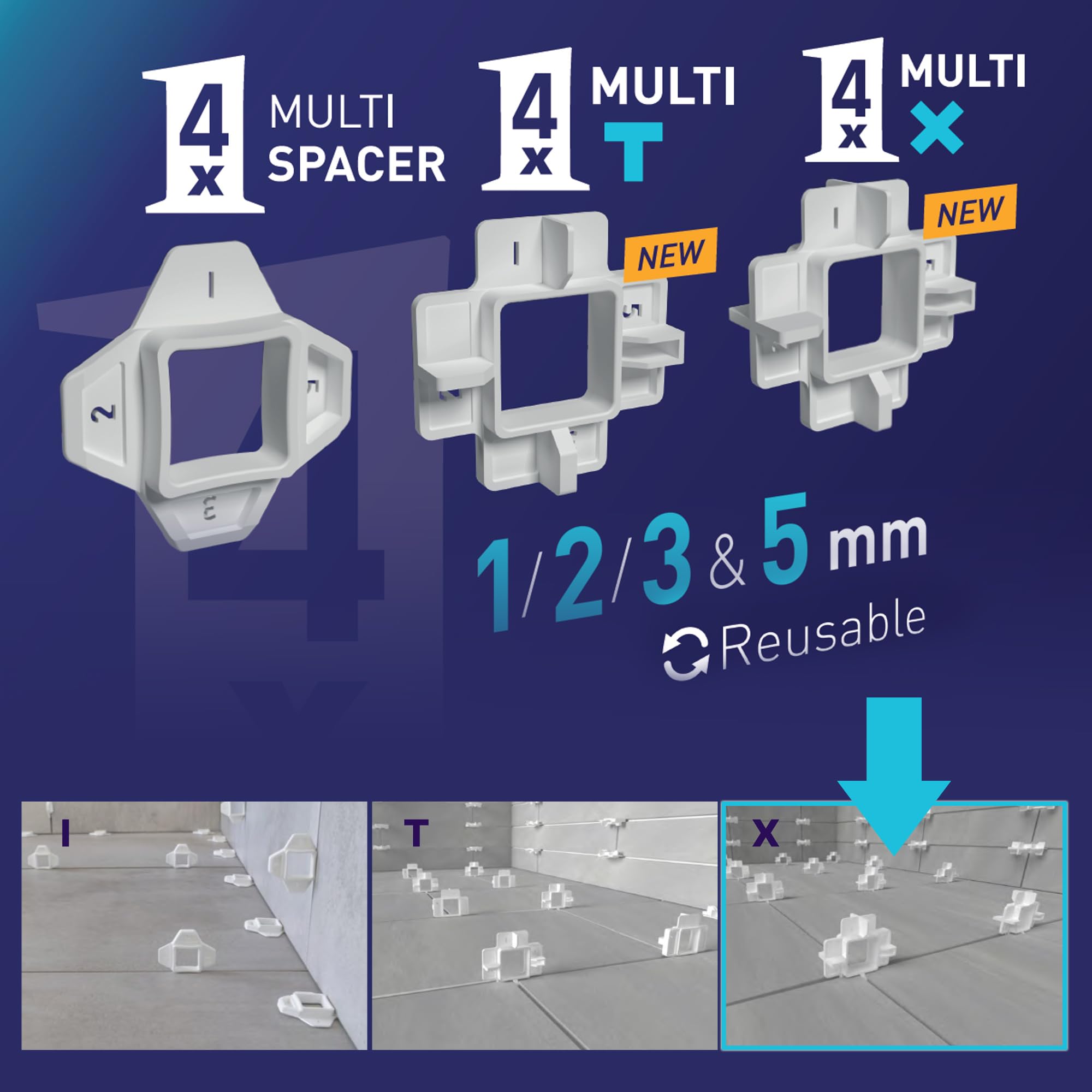 Peygran - Sistema di livellamento per piastrelle, 4 distanziatori multi X, altamente resistenti, per grandi formati, lastre pesanti, per la casa, 4 distanziatori in 1 (1/32", 1/16", 1/8", 3/16"),