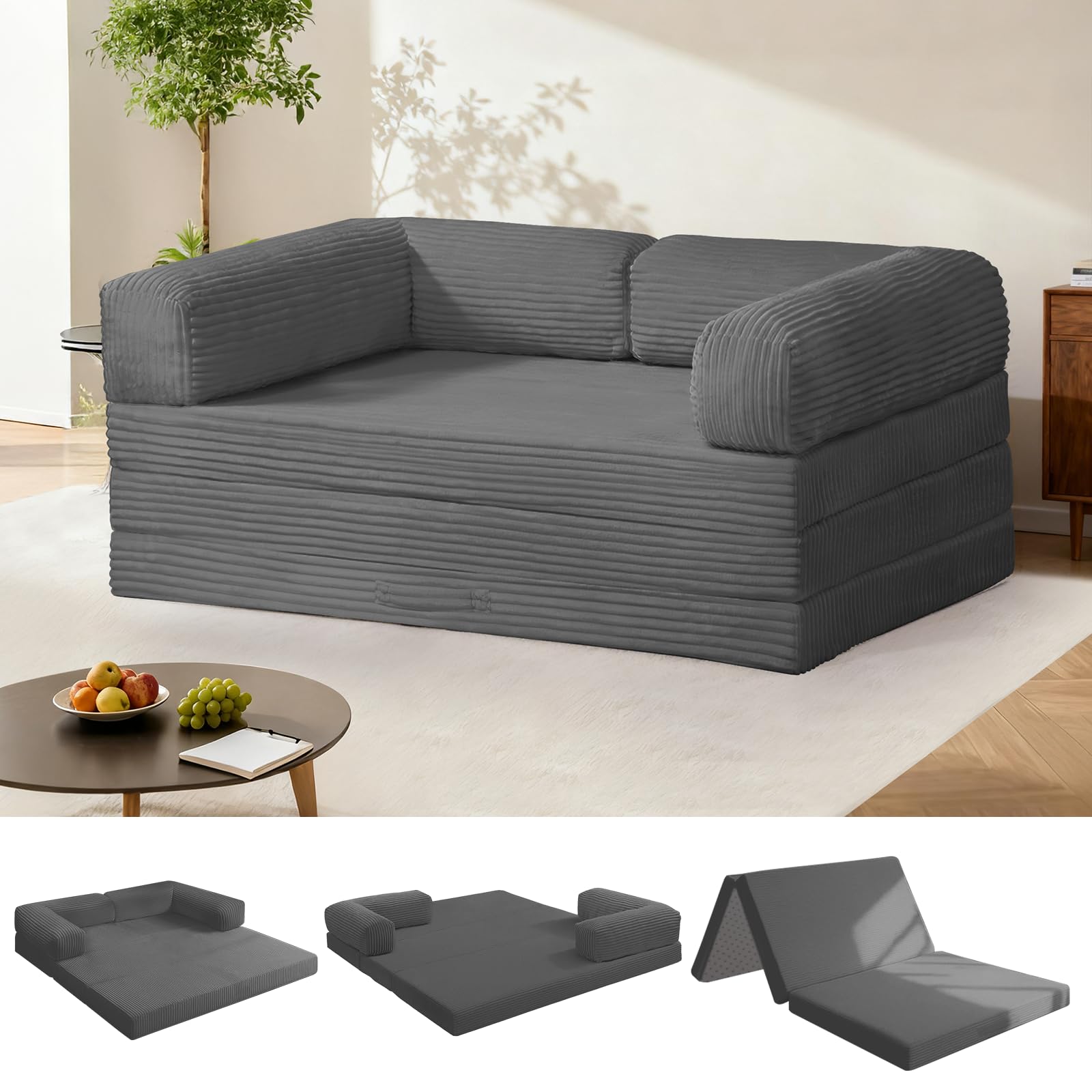 Photo 1 of AOLVDOW Tri-Fold Foldable Mattress, Convertible Folding Sofa Bed with Removable Arms & Washable Cover, All-in-One Portable Mattress Floor Sofa Bed, No Assembly Required & Non-Slip, Full Size, Grey