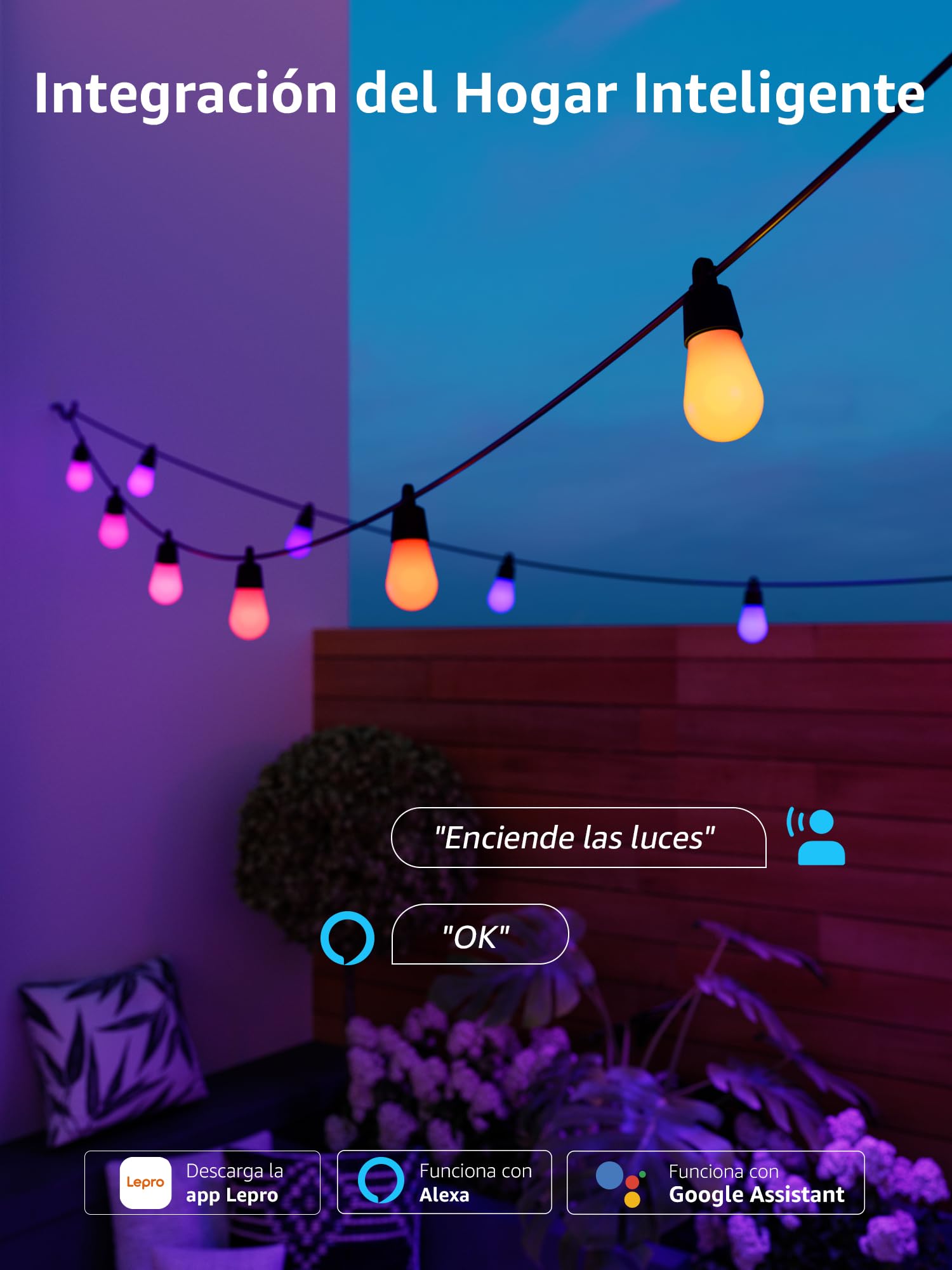Lepro ZB1 AI Guirnalda de Luces Inteligente 15M, Impermeable IP65 | Diseñador de Iluminación AI Personalizado Usar con Alexa, RGBW Regulable Decoración de Jardín Balcón, No Remoto