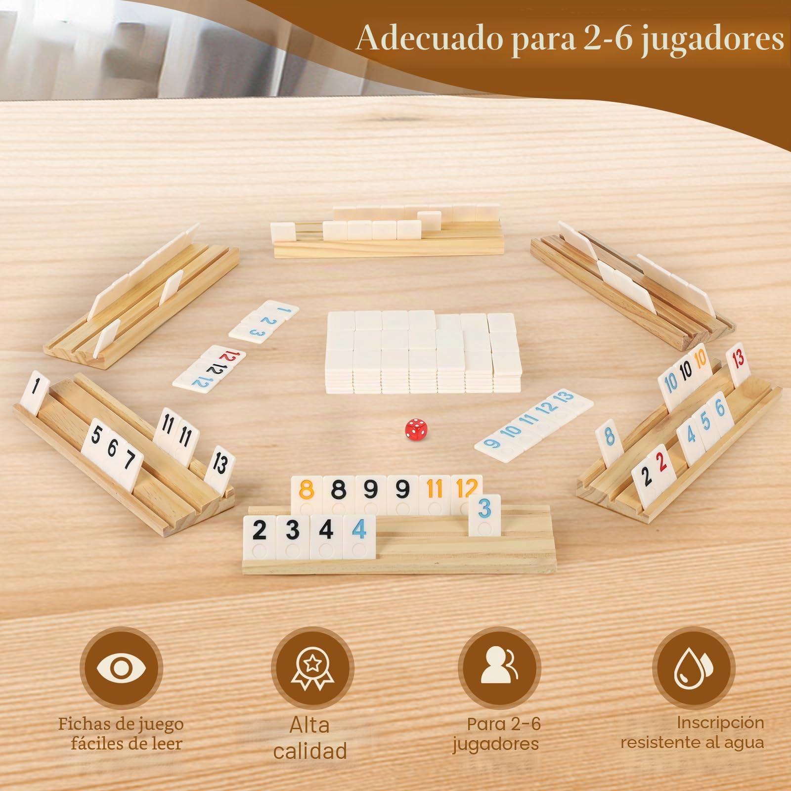 Soopotay Juego de Rummy para 6 Jugadores, 160 Azulejos de Melamina, 6 Soportes de Madera, Funda Portátil de, Bolsa con Cordón, Juegos de Mesa para Adultos/Viajes, Rellenos de Cesta de Pascua