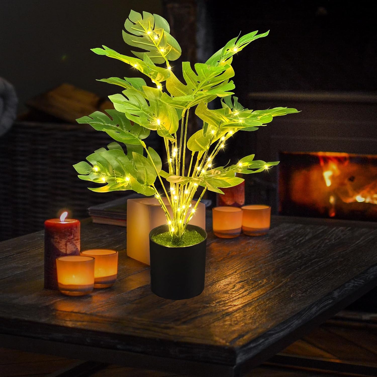 20" Lighted Faux Monstera Plant with LED Lights - USB & Battery Box Powered - LED Artificial Monstera Tree for Living Room, Home Decor, Indoor Decoration (Turtle-Back Bamboo)