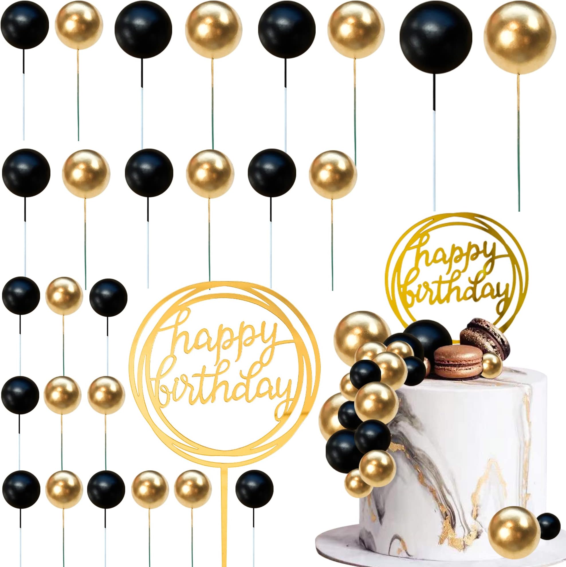 Colorful Balls Cake Topper Pearl Balls Cake Topper Happy Birthday Cake Insert Pick DIY Pile Up Insert for Wedding Birthday Party Baby Shower Cake Decoration (Black and Gold)