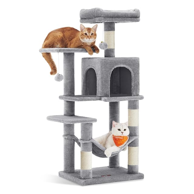 Feandrea Árbol para Gatos, Altura 112 cm, Torre de Gatos, con 4 Postes Rascadores, 2 Plataformas, 1 Cueva