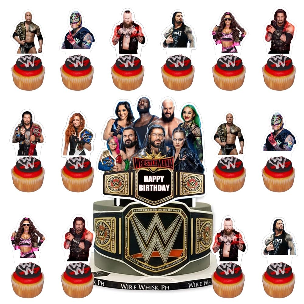 25 Pcs Wresting Cake Topper and Cupcake Toppers Set Birthday Party Supplies for Wresting Themed Birthday Decorations