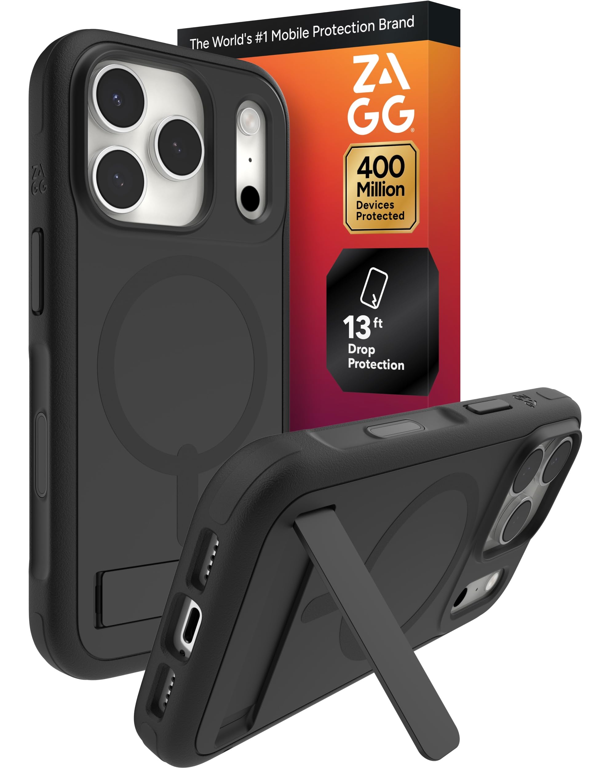 ZAGG Sedona Snap Case with Kickstand for iPhone 17 Pro - Pitch Black, Drop Protection (13ft/4m), Multi-Layer Protection, with Camera Button, MagSafe Phone Case with Impact-Absorbing Bumpers