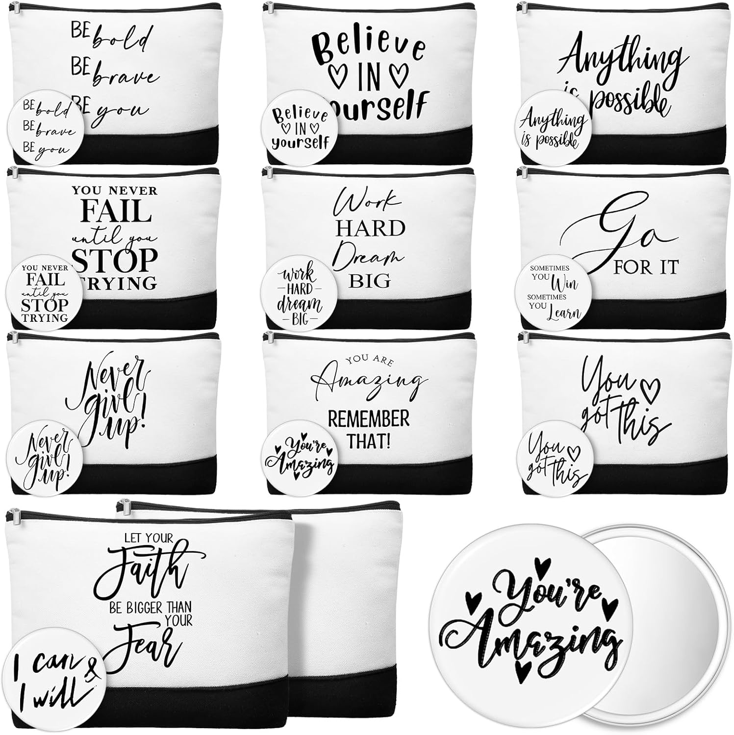 Paterr 20 Pcs Employee Appreciation Gift Bulk for Women Inspirational Womens History Month Canvas Makeup Bags with Zipper and Mini Compact Mirrors Thank You for Team Teacher Coworker Gifts