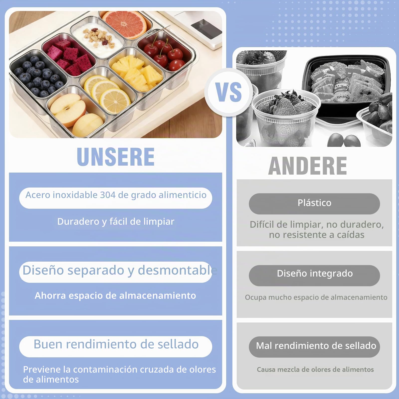 Recipiente para Snack, Tupper Compartimentos, El Acero Inoxidable Es Fácil De Limpiar Y Evita Los Malos Olores, La Caja para Snacks para Almacenar Fruta, Snacks Y Otros Alimentos