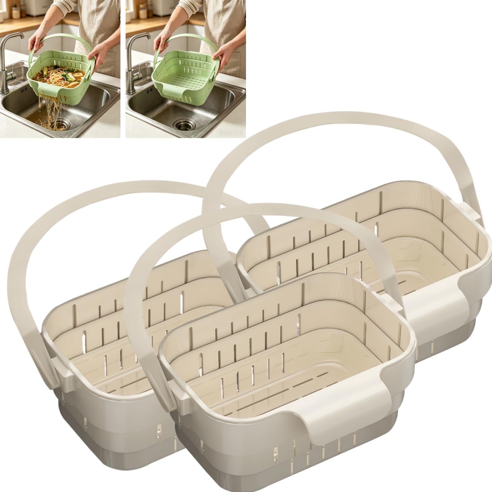 Cesta de drenaje plegable para fregadero, colador de cocina elástico con tapa abatible, colador multifuncional para frutas y verduras, filtro de residuos extraíble mejorado que ahorra espacio (blanco