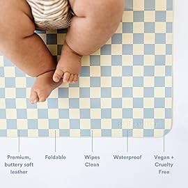 Ava + Oliver Vegan Leather Baby Changing Mat (16 X 30 in) - Multipurpose Wipeable and Portable Diaper Changing Pad - Foldable for Travel (Sky Checker)