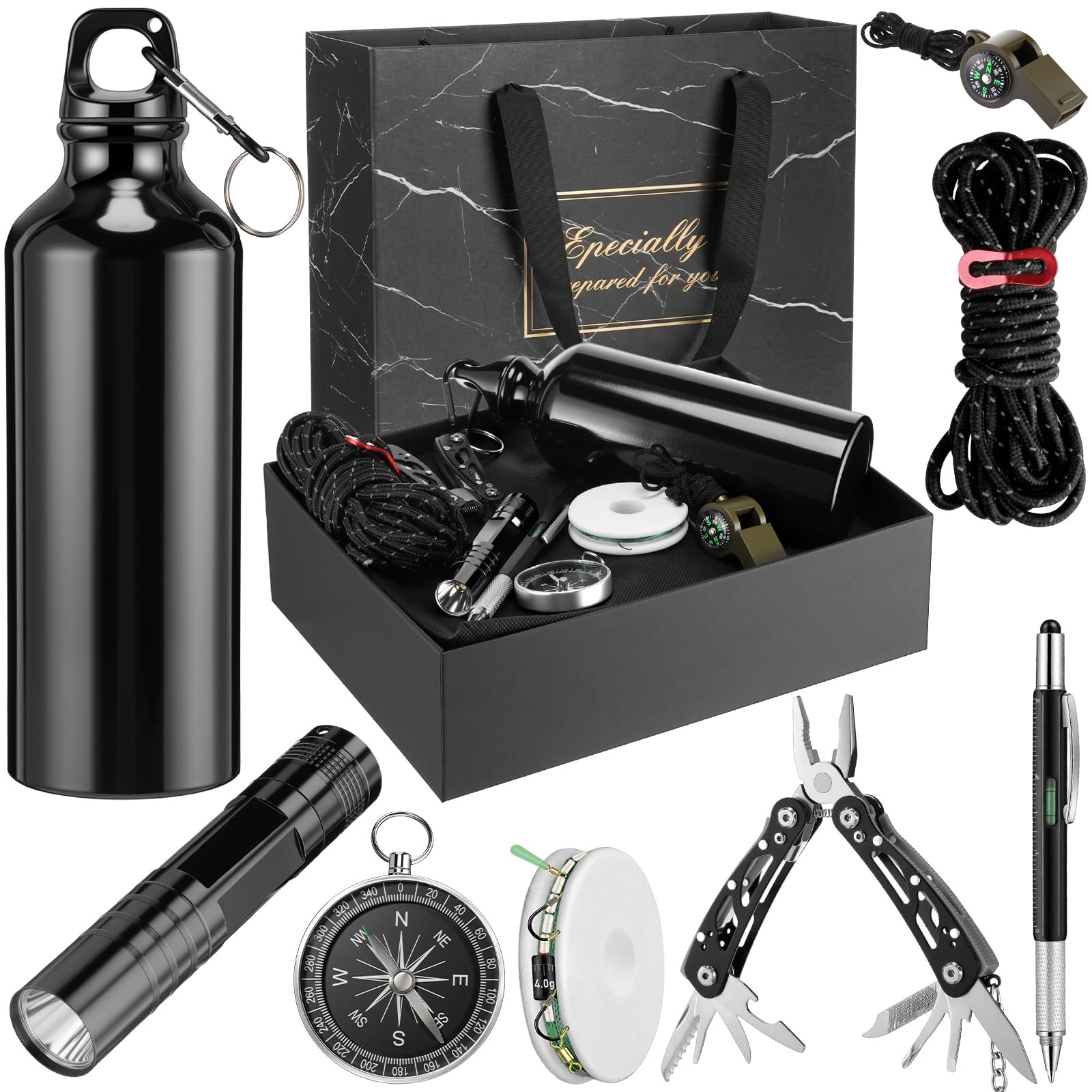 Kit de survie 9 pièces - Paniers d'anniversaire pour homme - Kit de survie en plein air avec bouteille d'eau, pince, lampe de poche, boussole, sifflet, stylo ligne de pêche pour mari et frère