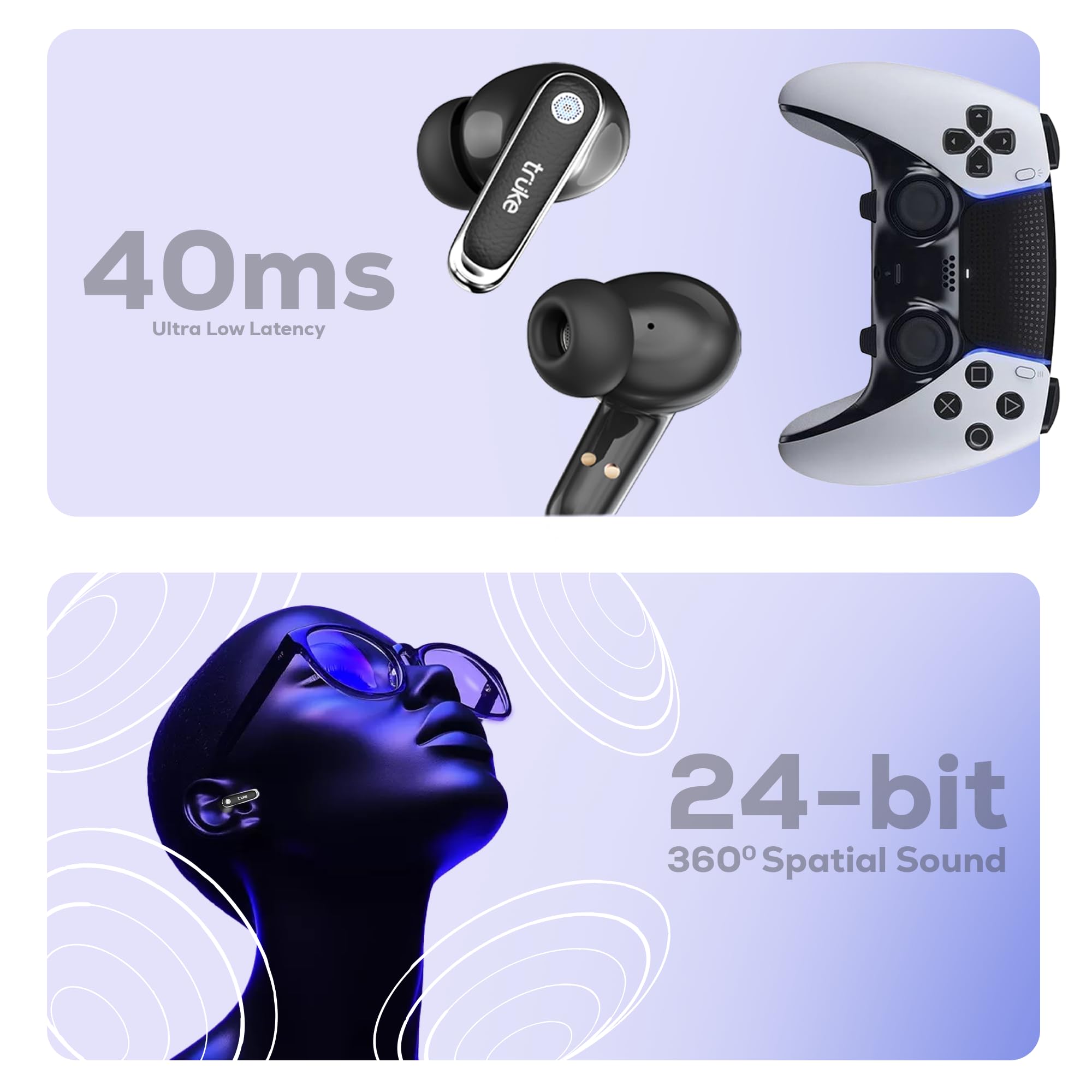 truke New Launch Mega 12 True Wireless in Ear Earbuds W/ 24-Bit Spatial Audio, Premium Leather Textured Design, 70H Playtime Fast Charge Buds, 13mm Drivers TWS, Low Latency, ENC (Ash Black) — Amazon image 3