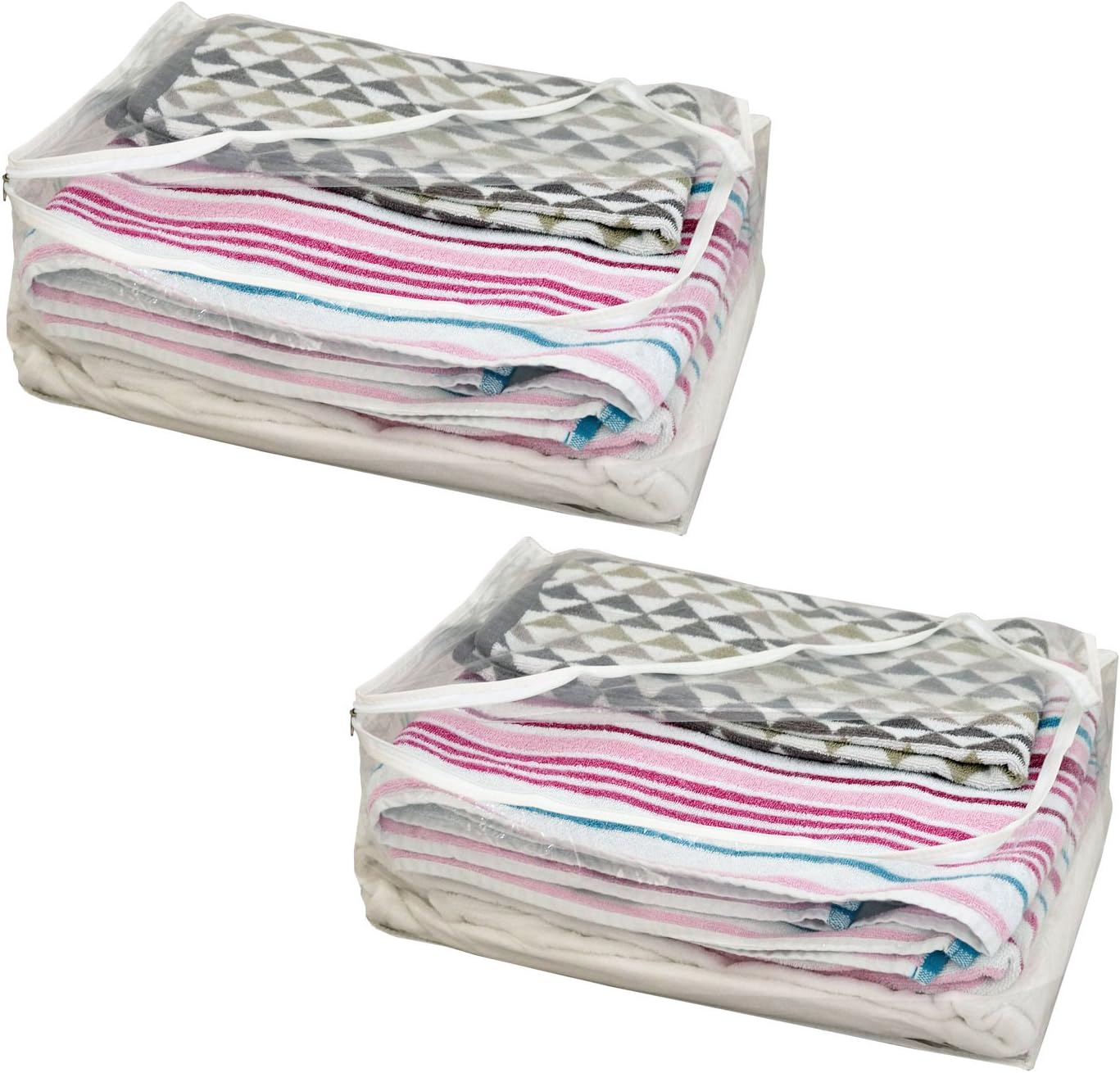 H & L Russel 2 x Clear Blanket Storage Bag with Zip Fastening with White Trim, 20x20x10 cm