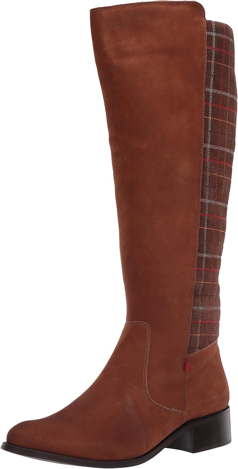 Marc Joseph New York Women's Genuine Leather Luxury High Top Riding Boot with Plaid Detail Knee, Cappuccino Nubuck, 7 M US