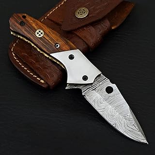 Custom Handmade Damascus pocket knife for men Folding knife with sheath for Outdoor, Camping, Hiking Unique Gift for Men, Husband, Boyfriend - Generic