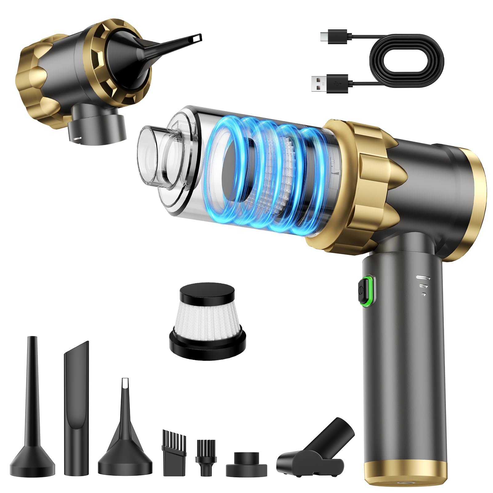 Car Vacuum Portable Cordless - Handheld Vacuum Cleaner with 16000PA Strong Suction 7-in-1 Air Duster Blower Rechargeable Mini