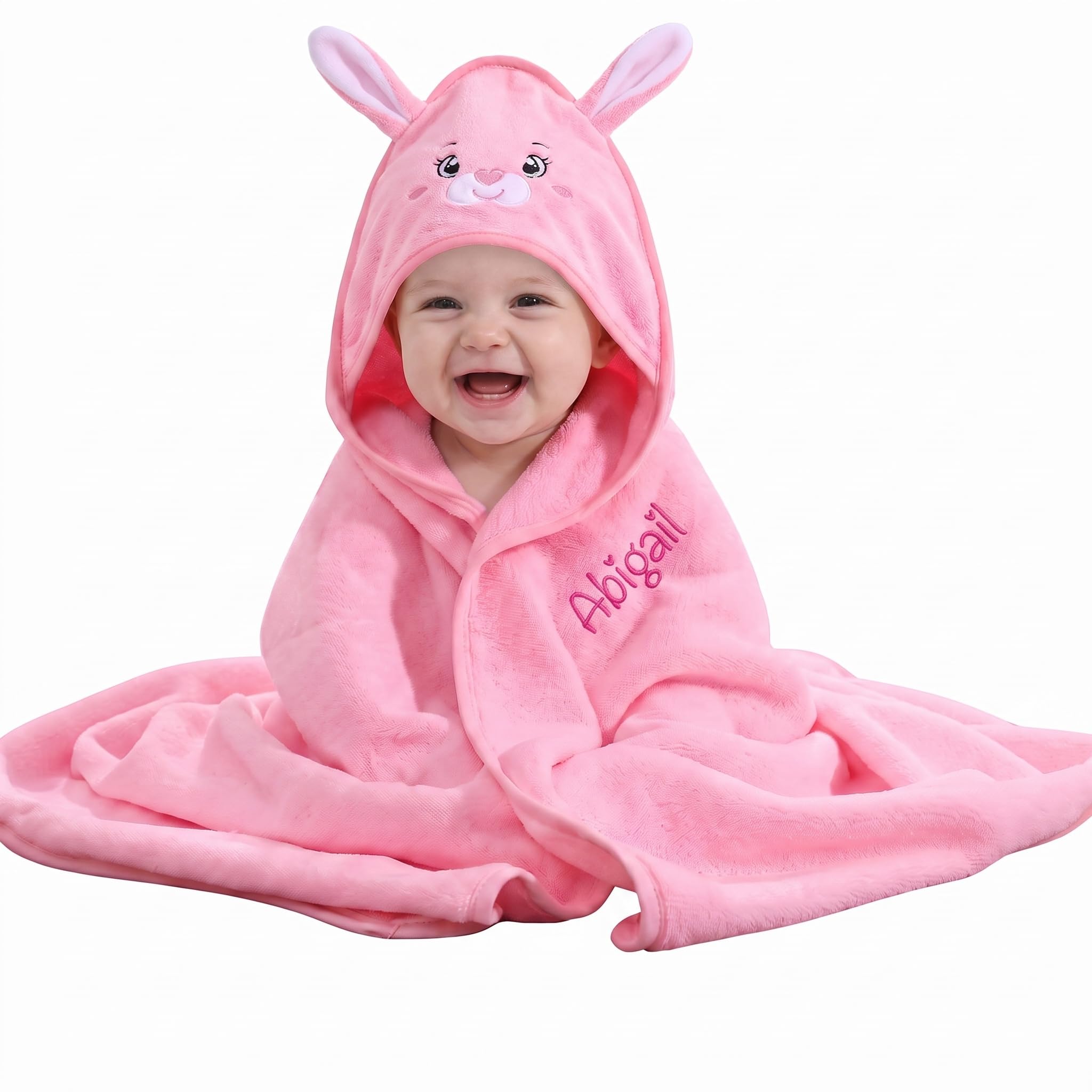 Grovjewfit Personalised Baby Hooded Towel Soft Coral Fleece Baby Bath Towel with Name Bunny Hooded Towel for Boys and Girls Gift for Baby Shower Baby Baptisms Birthdays
