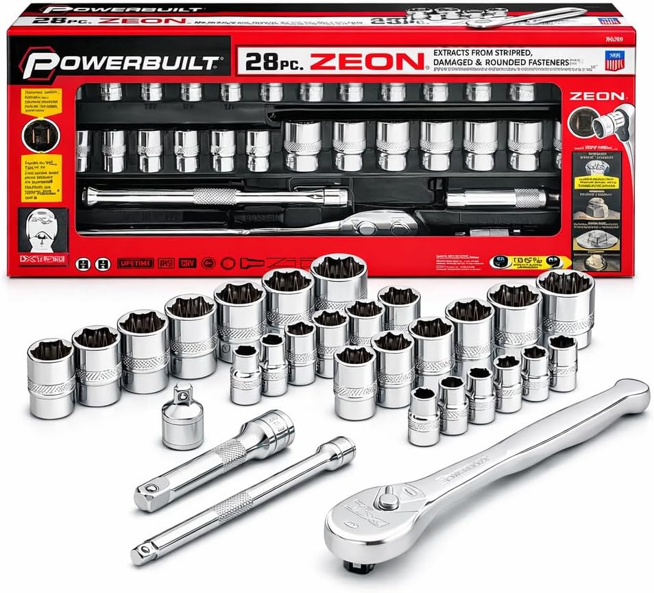 Powerbuilt 28-Piece Zeon Socket Set, SAE & Metric Rounded Fastener Grip Sockets with XT90 90-Tooth Ratchet, Extensions & Storage Tray - 941763