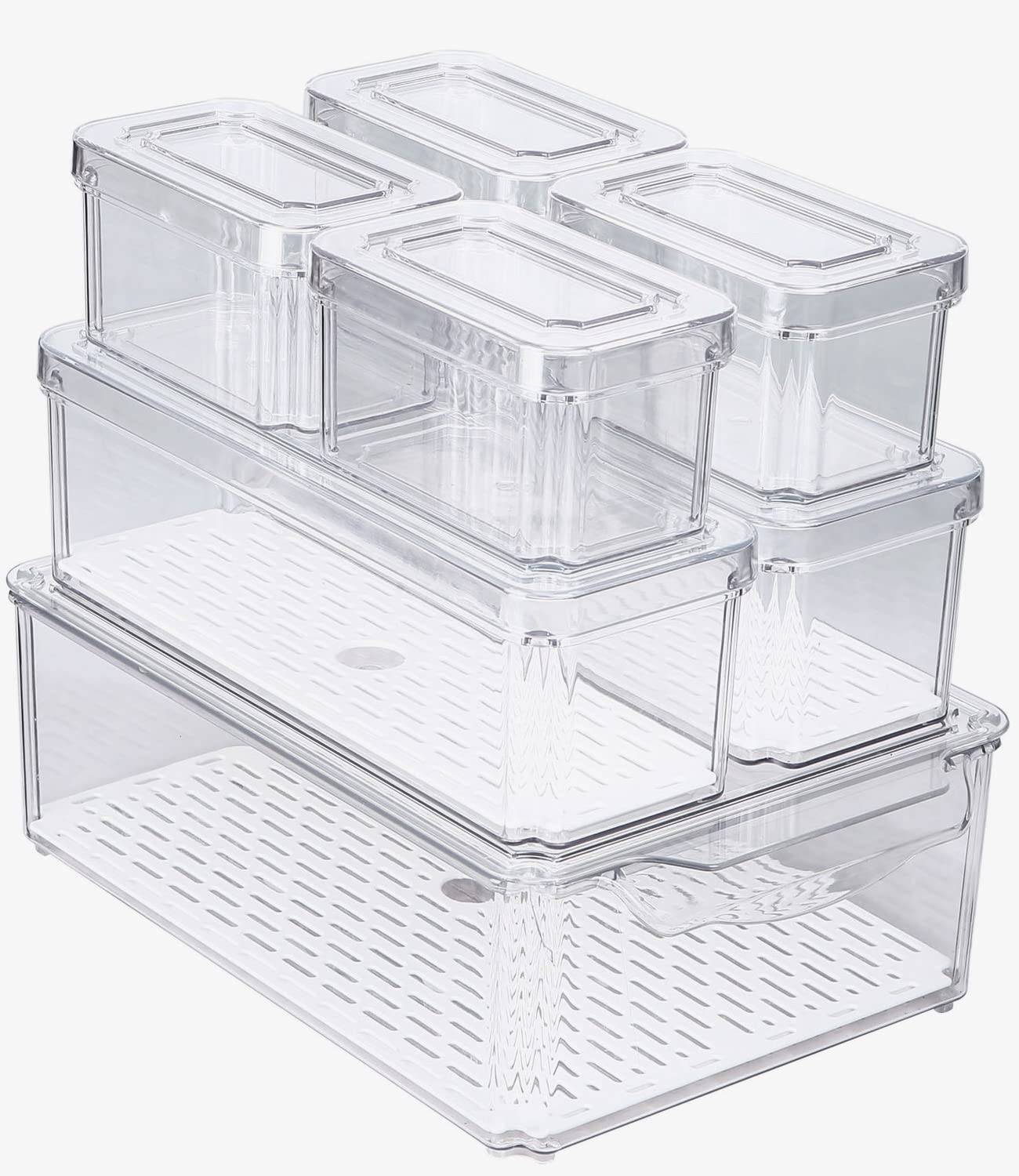 Set di 7 Contenitori per Frigorifero, Organizzatori per Dispensa, Cestini, Trasparente, Organizer con Maniglia per Cucina, Armadietti,Bagno