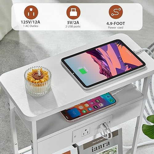 Miniatura 4 de Mesa auxiliar estrecha con estación de carga, mesa auxiliar de 3 niveles con 2 puertos USB y tomas de corriente, mesa auxiliar delgada para sofá