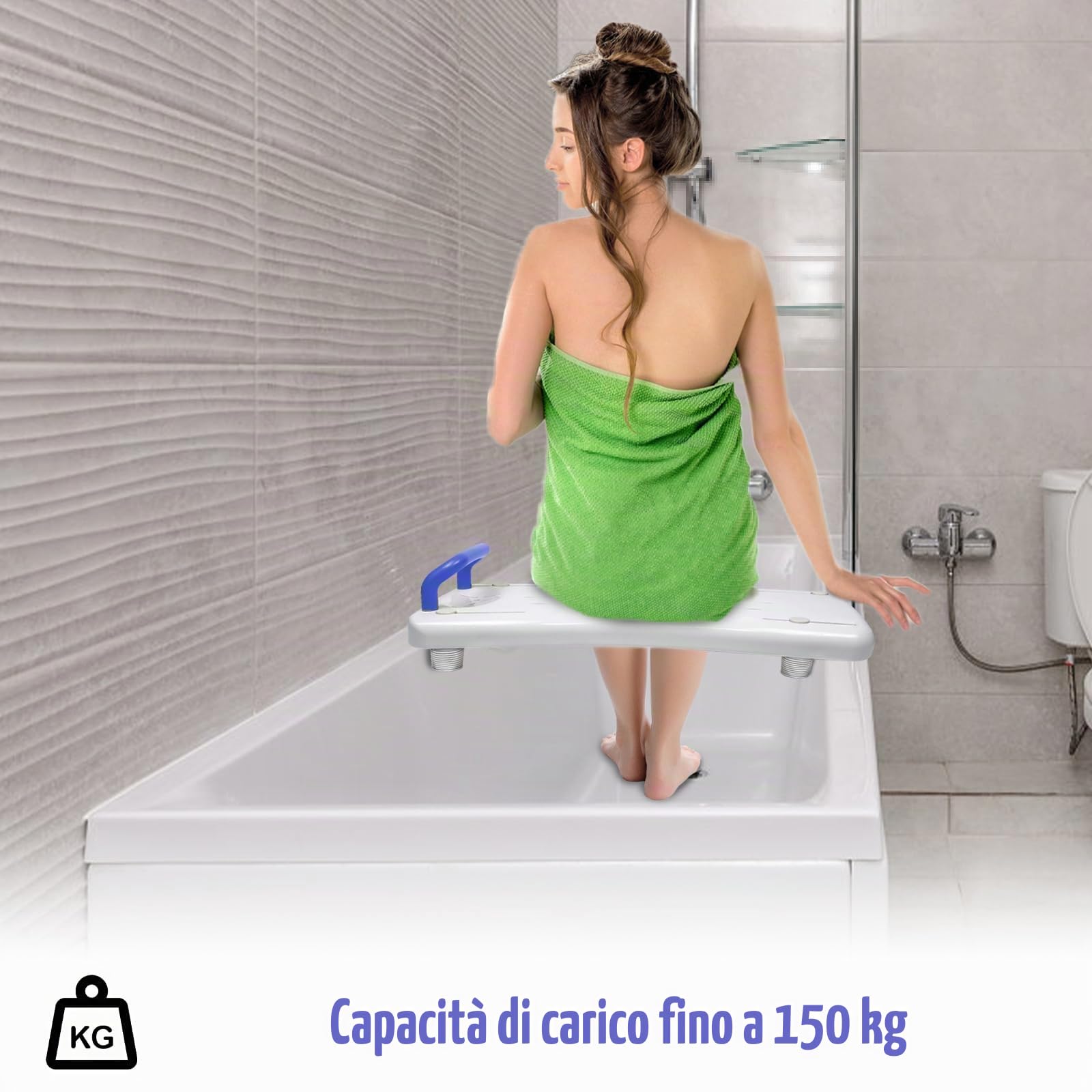 YUENFONG Asse per vasca da bagno, 70 x 31 cm, seduta per vasca da bagno, con manico, in plastica, portata fino a 150 kg, per vasca da bagno, manico blu