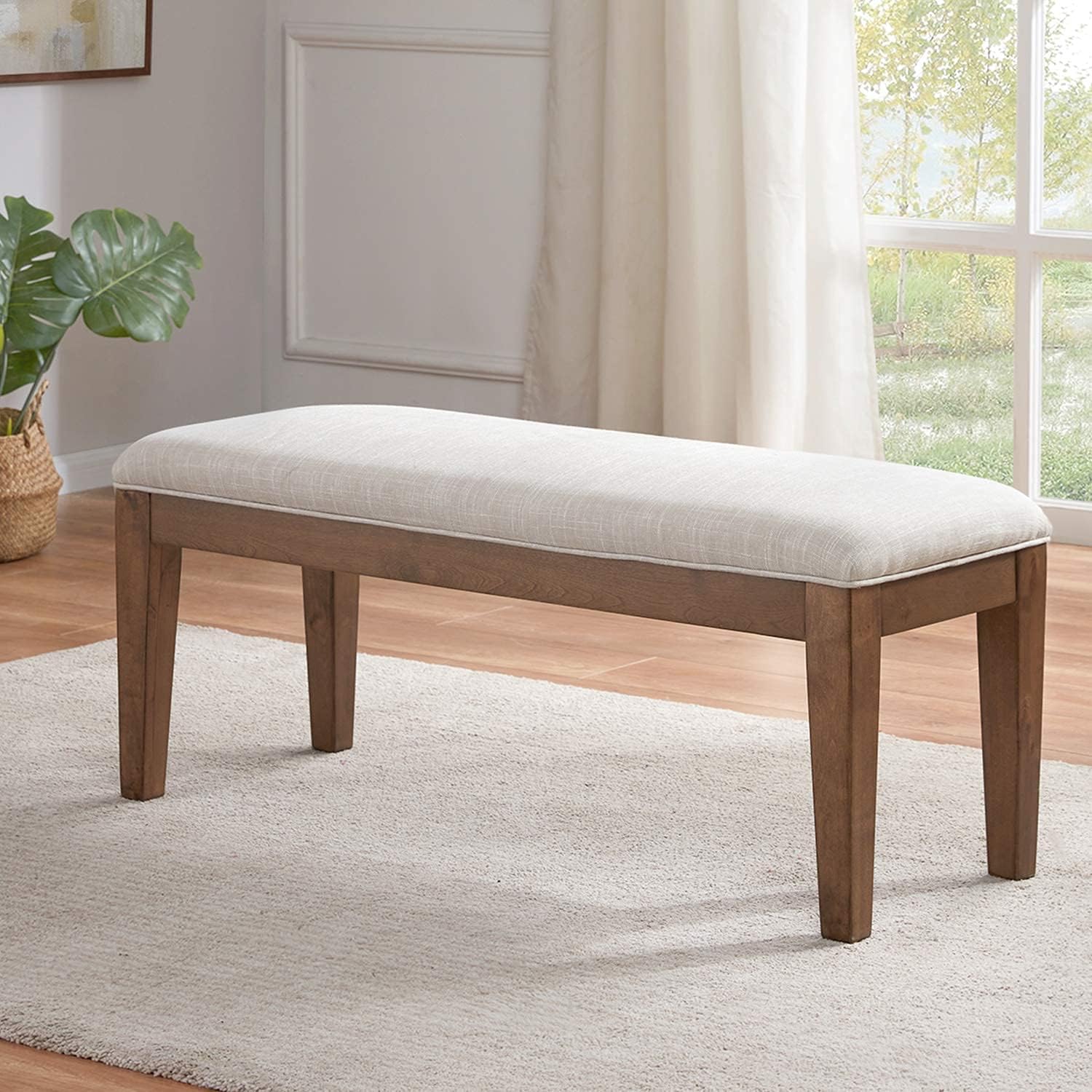 HUIMO Upholstered Entryway Bench, Bench for End of Bed, Dining Bench with Padded Seat for Living Room,Kitchen, Fabric Solid Wood Indoor Bedroom Bench (Beige)