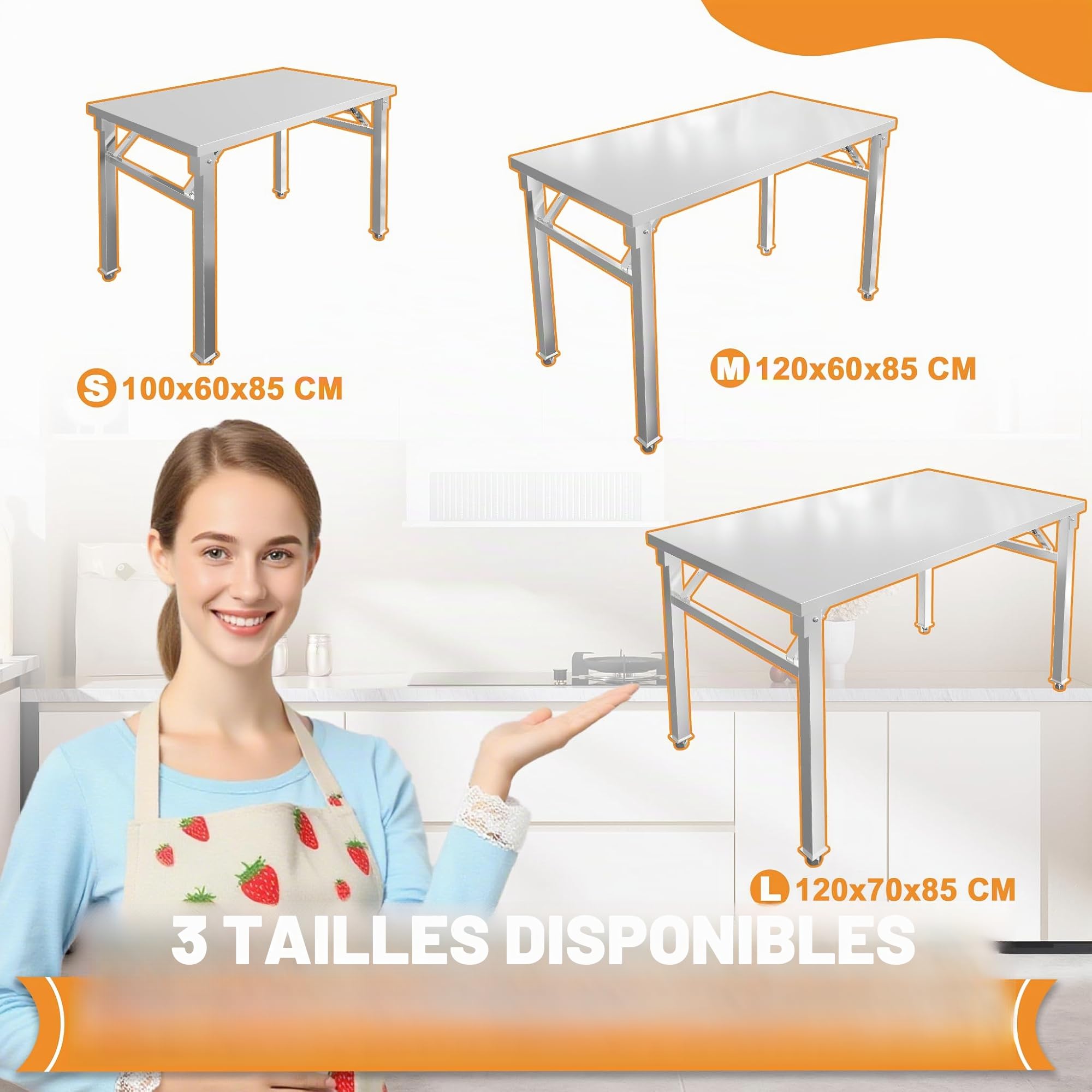 UISEBRT Table pliante en acier inoxydable avec capacité de charge de 300 kg et pieds réglables - Table de travail pliable pour restauration, cuisine, bar, restaurant, 120 x 60 x 85 cm