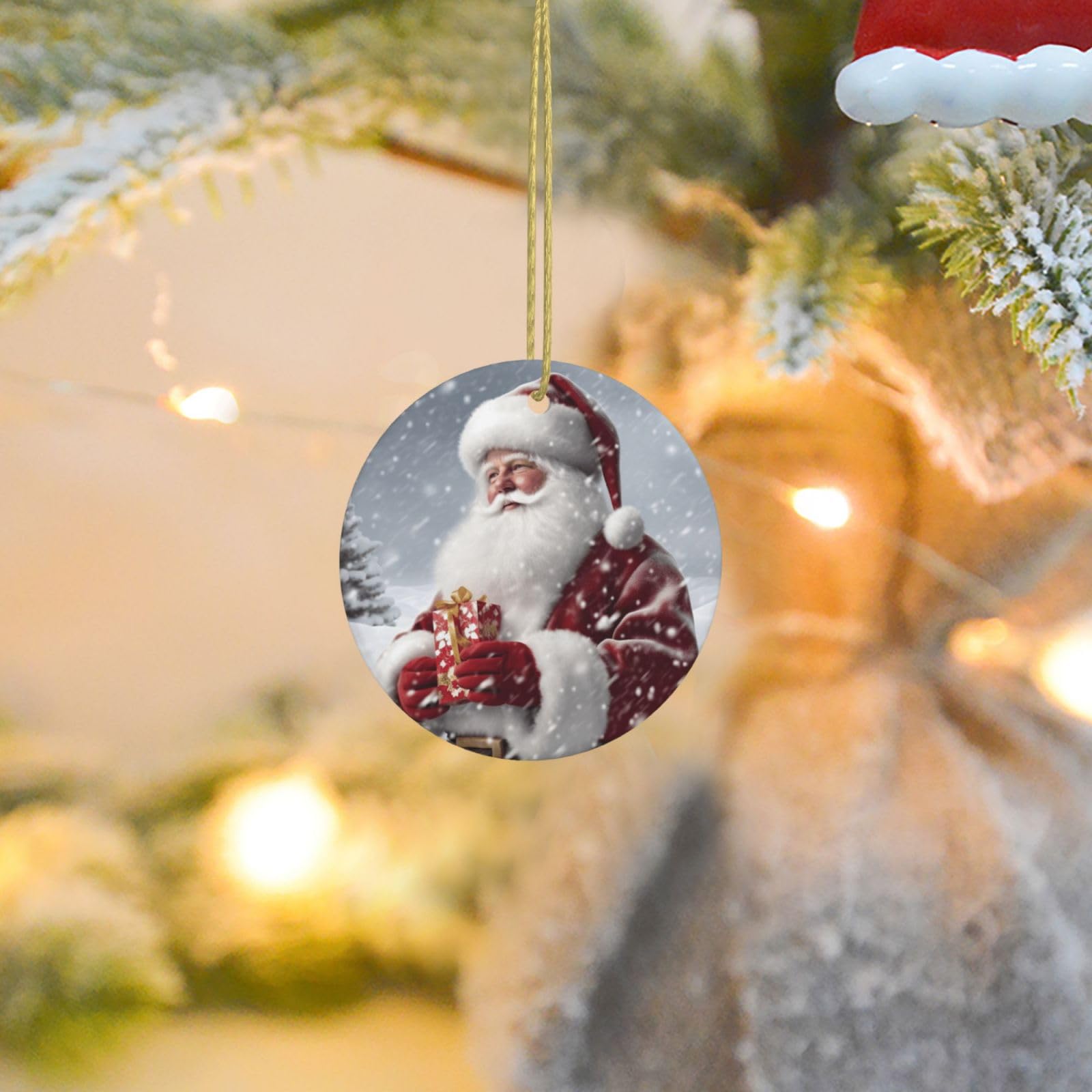 Christmas Ornaments for Christmas Tree Decoration Ceramic Hanging Santa Claus Snow Secenry Ornament with Gold Ribbon Crafts Round Pendant for Keepsake Gifts Glass Xmas Decor Party Supplies