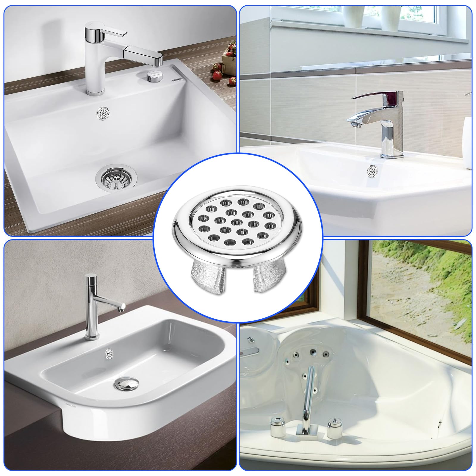 8 piezas: cubierta de rebosadero de lavabo, revestimiento de sifón, anillo de rebosadero, tapón de rebosadero, anillo decorativo, cubierta de desagüe galvanizada redonda para baño, cocina y