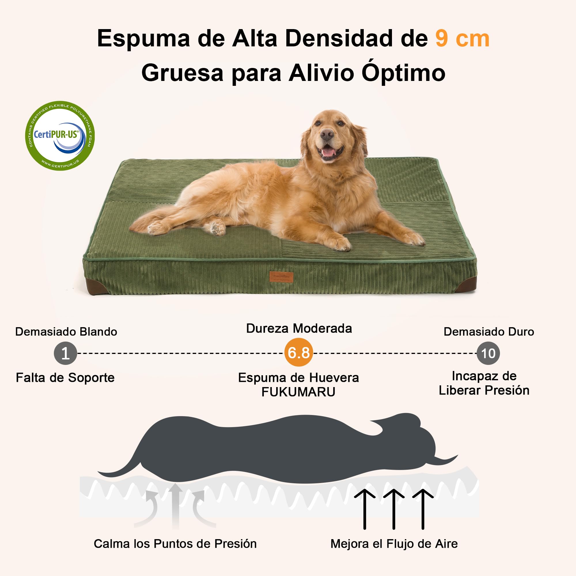FUKUMARU Cama para Perros Grande Ortopédica, 91x56x9cm, Colchón Lavable para Perro, Sofá Perro Desmontable, Fondo Antideslizante, Tejido Impermeable, Verde