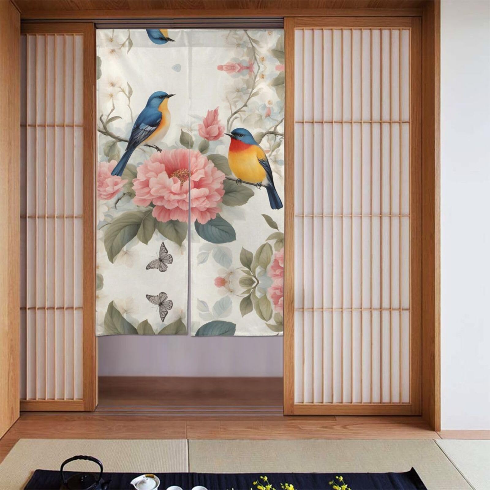 Rideau de porte romantique floral et oiseaux 86x142 cm pour séparation de cuisine et chambre