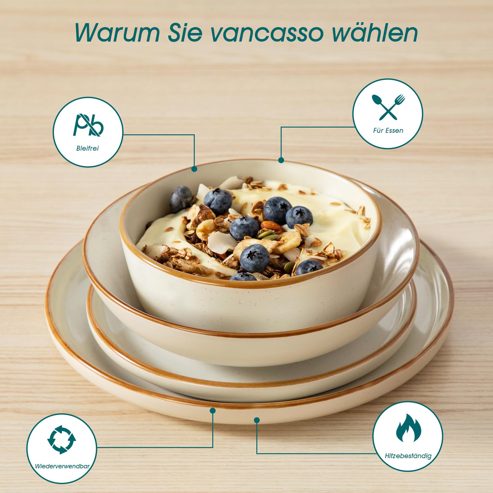 Geschirrset 6 Personen, vancasso RENO 24-tlg Steingut Teller Set Modern, Tafelservice mit Speiseteller, Suppenteller, Dessertteller, Schüsseln, Geschirr Spülmaschinenfest & Mikrowellengeeignet, Beige