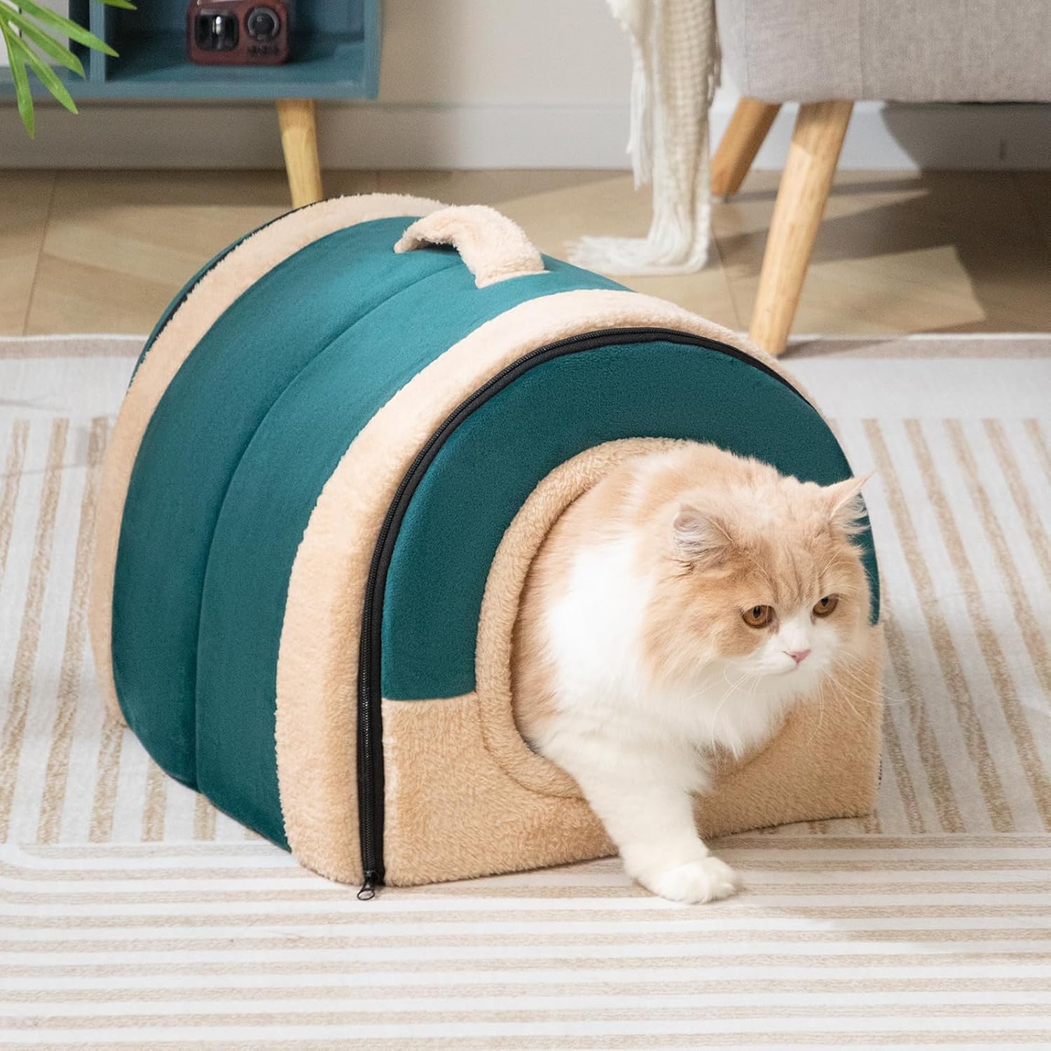 Hollypet Cat Bed Self-Warming 2 in 1 Foldable Kitty Cave Hut House Nest Pet Sleeping Bed, Crystal Velvet Pet Condo for Indoor Cats, Green Arched Cave