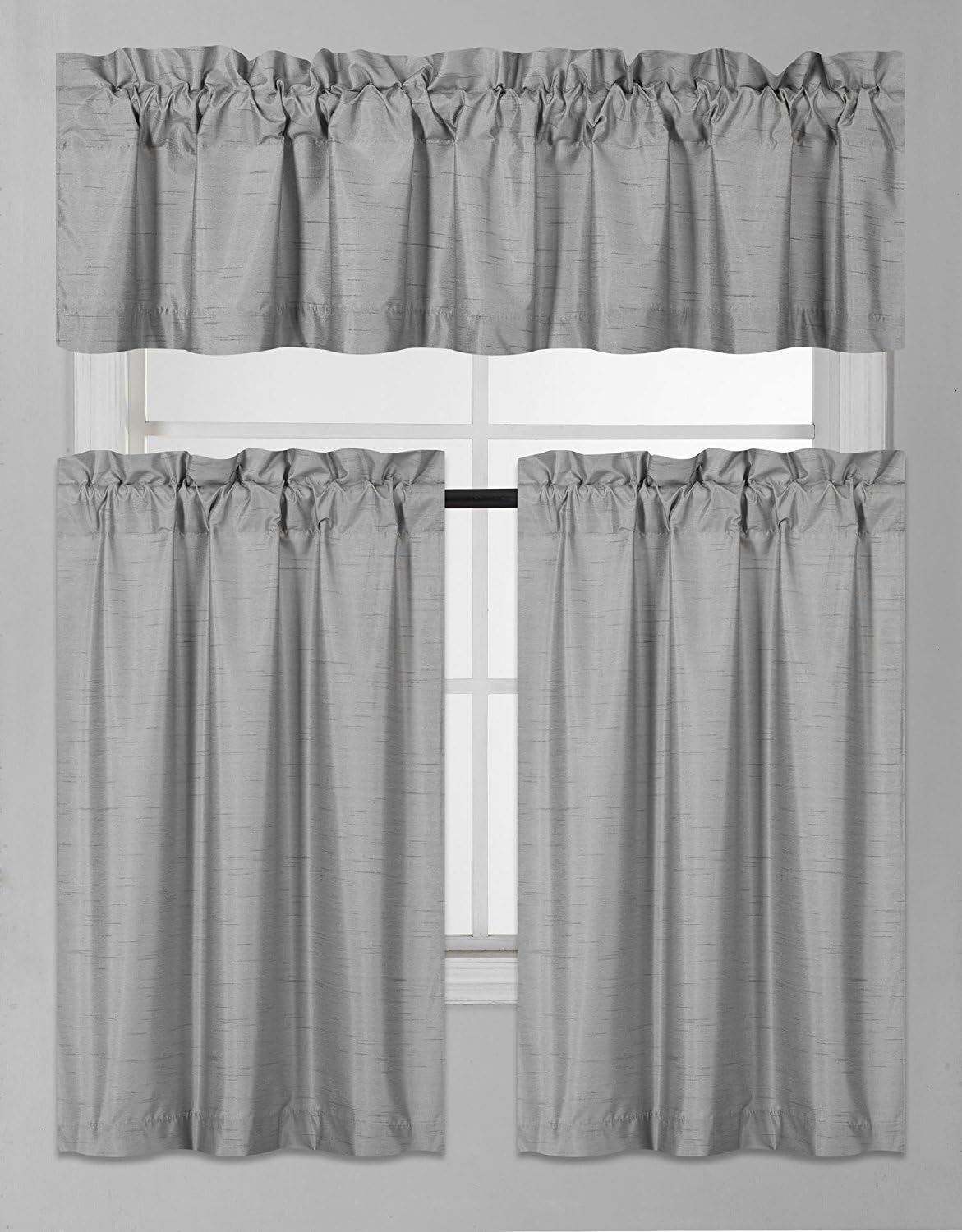 Elegant Home Collection 3 Piece Solid Color Faux Silk Blackout Kitchen Window Curtain Set with Tiers and Valance Solid Color Lined Thermal Blackout Drape Window Treatment K3 (Silver/Light Grey)