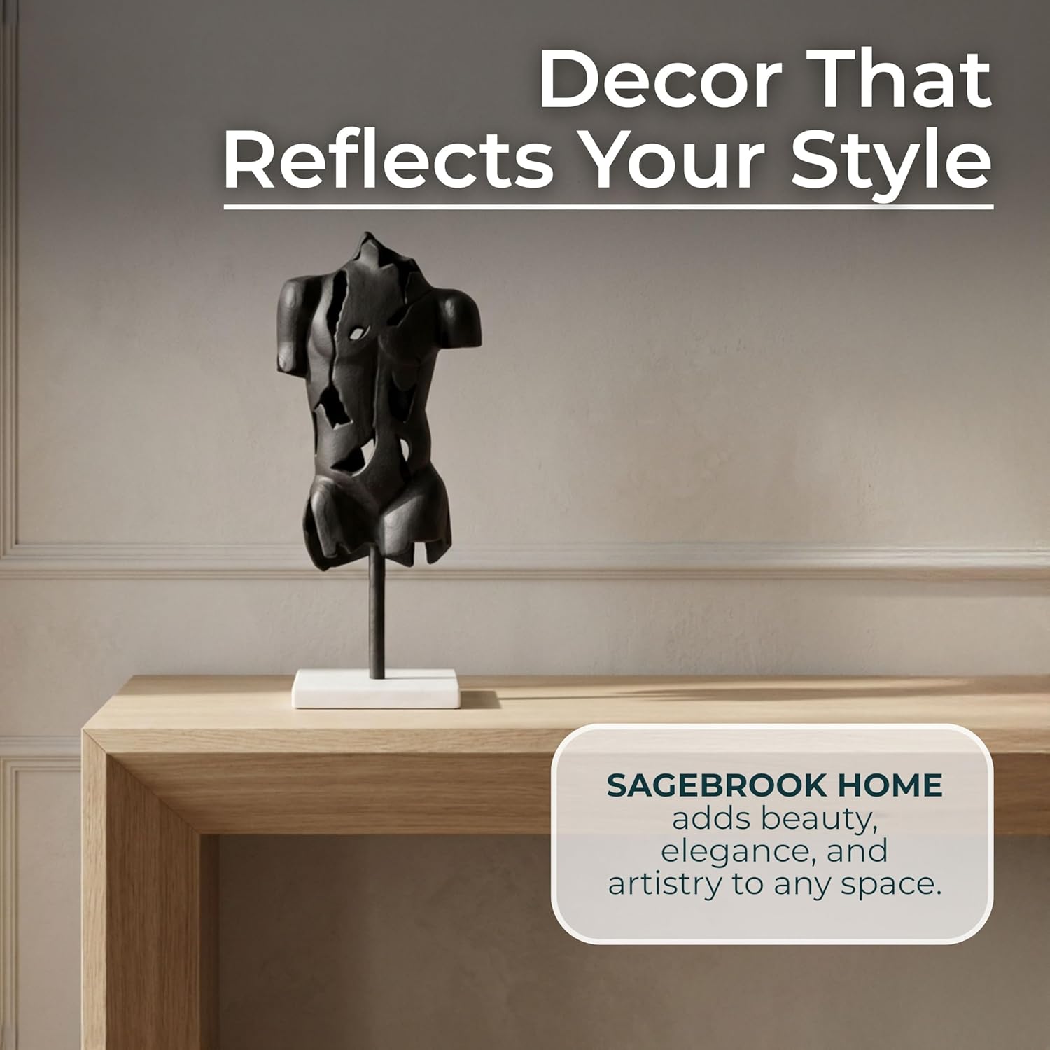 Sagebrook Home Modern Abstract Metal & Stone Sculpture - Aluminum Male Torso Statue on Marble Base - Elegant Home & Office Decor for Living Room, Bedroom, or Desk - 17" Black