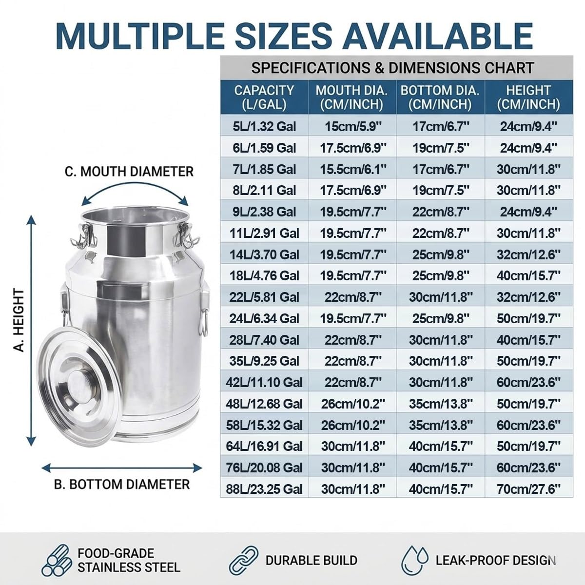 Lechera Acero Inoxidable 5L 8L 9L 10L 14L 28L Resistente con Tapa y Asa Jarra de Leche Hermética para Almacenamiento Seguro de Alimentos y Líquidos(No Spigot,7L/1.85Gal)
