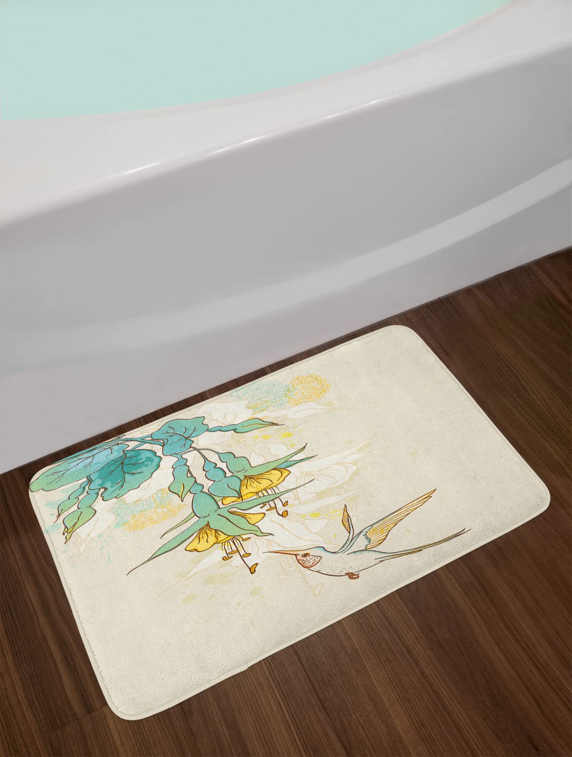 Ambesonne Hummingbird Bath Mat, Hummingbird and Tropical Flowers Summertime Exotic Plant Nature Art, Plush Bathroom Decor Mat with Non Slip Backing, 30.2